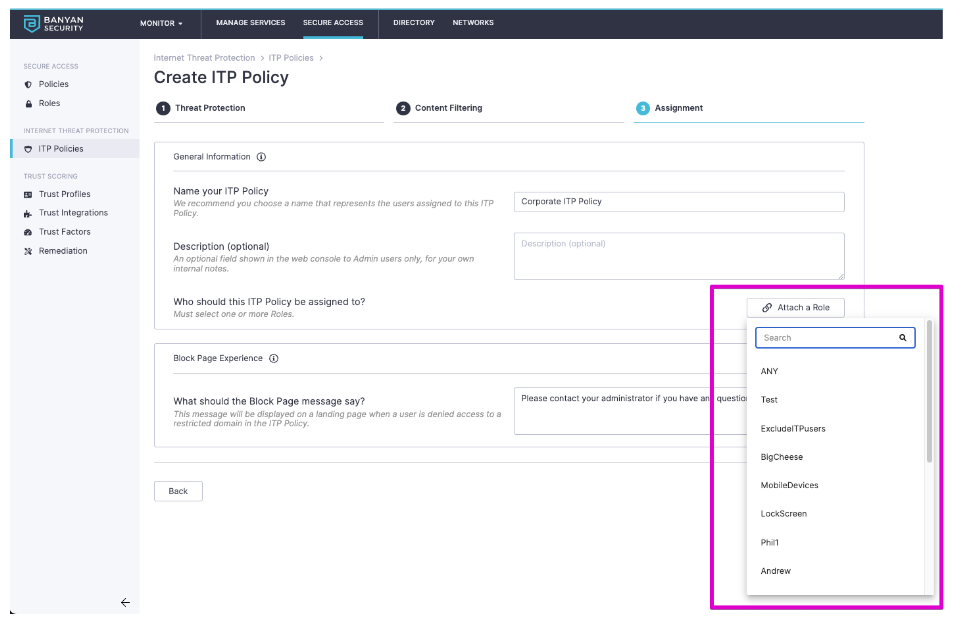 Internet Threat Protection - configuring ITP policy screen shots