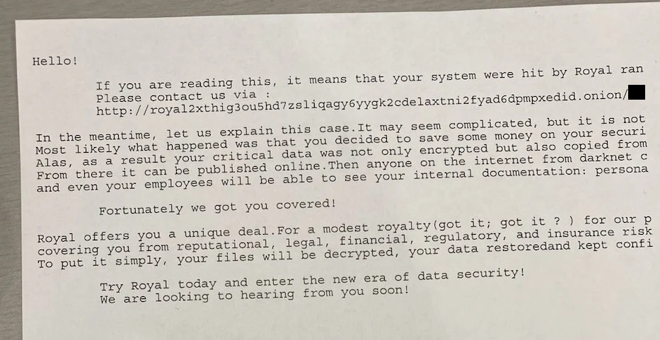 Scanned copy of the Royal ransomware note left for the city of dallas in ransomware threat
